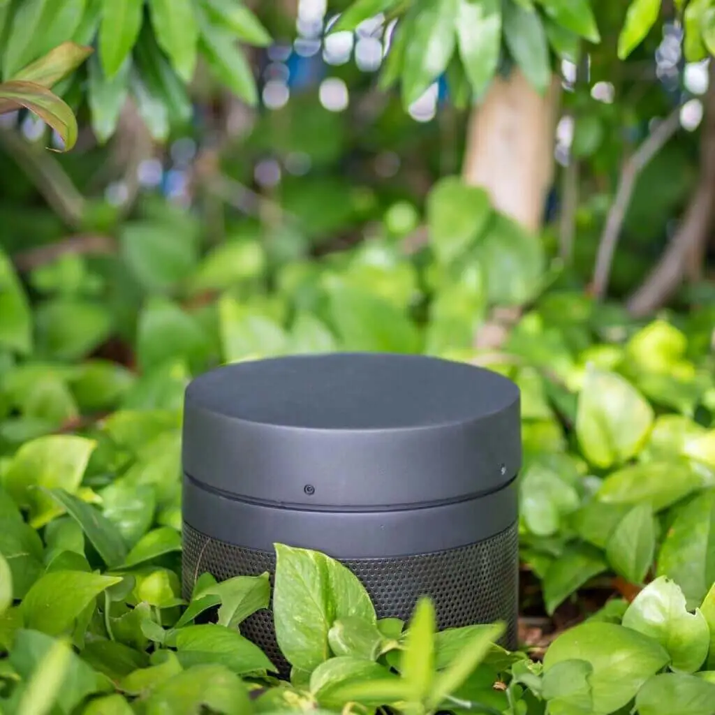 Conscape Lighting + Audio A black portable speaker is placed on the ground among green leaves and plants, delivering outdoor audio in a natural setting.